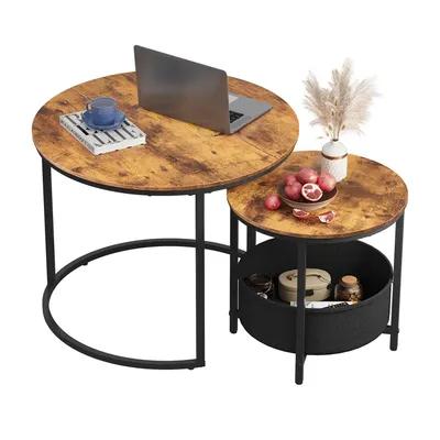 Produktbild von Couchtisch 2er‑Satztisch rund mit Stauraum, Wohnzimmertisch mit Stoffkorb & Metallgestell, Holzoptik, 2er Set, 2 in 1 Verschachtelung, Rustikales Brau
