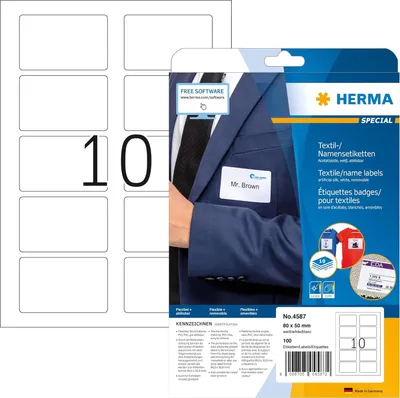 Produktbild von HERMA 4587 Namensetiketten ablösbar, 10 Blatt, 80 x 50 mm, 10 pro A4 Bogen, 100 Stück, selbstklebend, bedruckbar, rückstandsfrei abziehbare Acetatseide Namensaufkleber Etiketten, weiß