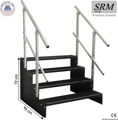Zdjęcie produktu dla Schody stojące, 4 stopnie, model 2, kolor czarny, szerokość 160 cm, wysokość 72 cm, 2 sztuki poręczy prostokątnych