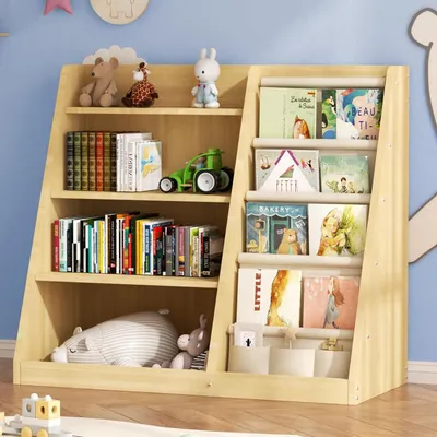 Kinderbücherregal 4 Ebenen Holz mit Spielzeugfächern