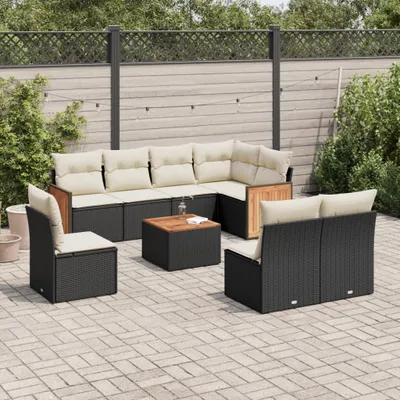 Produktbild von Design 9-tlg. Garten-Sofagarnitur mit Kissen Schwarz Poly Rattan, Gartenmöbel-Sets 2024 Neu
