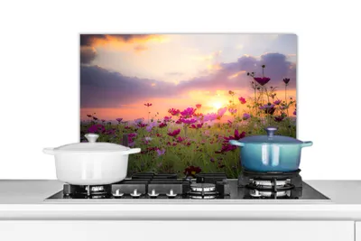 Obrázok produktu pre KitchenYeah® Kuchynský splashback - Kuchynský splashback - Ochrana steny sporáka a drezu - Západ slnka - Kvety - Ružová - Príroda - Zelená 70x50 - Alu-Dibond (alternatíva skleneného splashbacku) - Tepelne odolný
