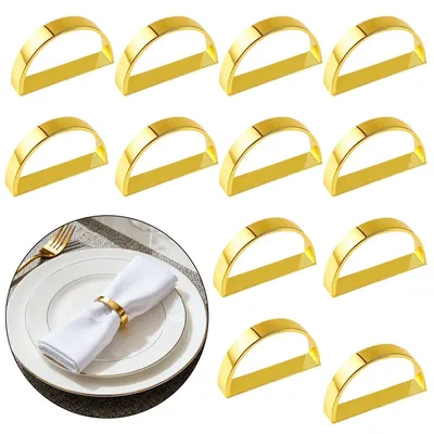 Produktbild von 12x Goldene Serviettenringe aus Metall, Halbkreis D-Form, Poliert, Minimalistisch, Tischdekoration, Hotel, Hochzeit, Dinner Party