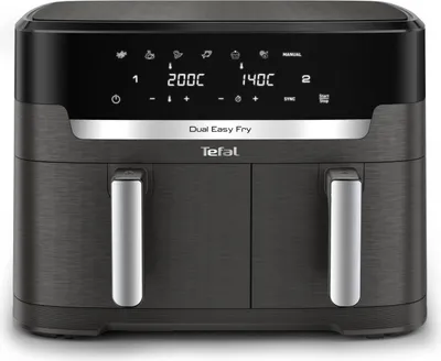 A front view of a Tefal Dual Easy Fry air fryer on a white background.