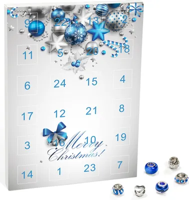 An advent calendar with Christmas ornaments and beads.