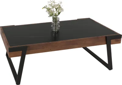 Produktbild von Couchtisch HWC-L89, Sofatisch Wohnzimmertisch, Eisen 43x120x64cm Sinterstein Marmor-Optik schwarz Holz dunkelbraun