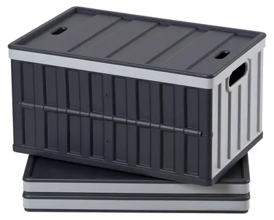 Obrázok produktu pre SucceBuy skladacie boxy 65 l v 3-dielnej sade, skladacie plastové úložné boxy s vekom, stohovateľné skladacie koše, nosnosť 38 kg na jeden box, praktické skladacie boxy pre domácnosť a organizáciu, šedá a čierna