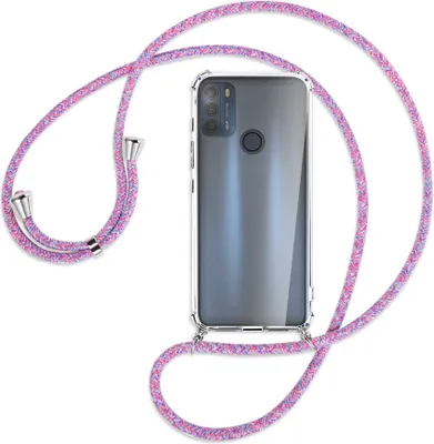 Produktbild von Handykette Backcover-Schutzhülle mit Band (Metall silberfarben) für Motorola Moto G50 (XT2137) - lila/rosa/blau