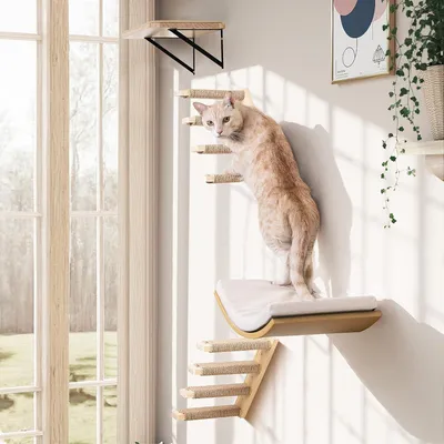Immagine prodotto di Mensole a muro per gatti con scalette in sisal, set da 4 pezzi, in legno, per il divertimento e l'arrampicata