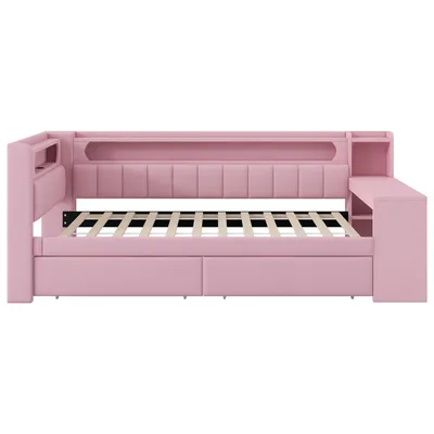 Produktbild von Flieks Jugendbett mit Led und Usb, Tagesbett Einzelbett mit Regal, Holzbett Klassisches Bett mit Schreibtisch und Schubladen, Kinderbett Rosa
