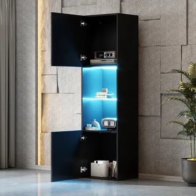 Produktbild von STILVORA Vitrine mit 1 Glasboden&LED-Beleuchtung,Freistehender Lagerschrank mit Hochglanz,Hochschrank für Weinflaschen und Besteck,schwarz