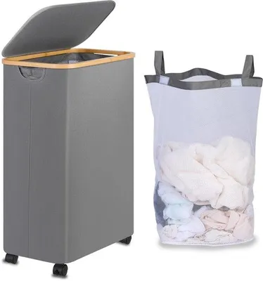 Immagine prodotto di Grande cesto portabiancheria con coperchio, 110 L, grigio, con rotelle e manico in bambù