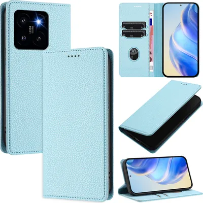 Produktbild von Litchi Leder Handyhülle für Xiaomi 14 Pro/Xiaomi 14 Pro Wallet Kartenfächer Standfunktion Hülle Hellblau