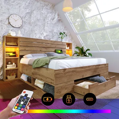 Zdjęcie produktu dla ?š®?ko z litego drewna 160x200 cm, ?š®?ko podwš®jne z o?wietleniem LED, USB-C, zag?š®wkiem z miejscem do przechowywania i szufladami, d?b, bez materaca