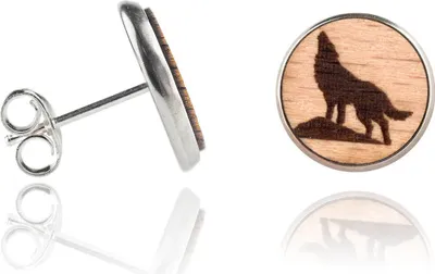 Produktbild von Holzohrstecker Edelstahl mit Wolf in Buchenholz