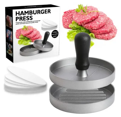 Produktbild von Burgerpress mit 100 Stück Backpapier, antihaftbeschichtet, Aluminium, 11,4 cm
