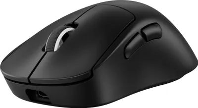 A black wireless gaming mouse is shown from a diagonal angle on a white background.