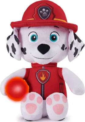 Produktbild von Paw Patrol Marshall Plüschtier Hund, Mehrfarbig, 29 cm hoch, mit Licht- und Soundeffekten, singt Schlaflieder, inkl. Taschenlampe, für Spiel & Schlaf, benötigt LR44 (AG13) Batterien, Englisch, ab 3 Jahren
