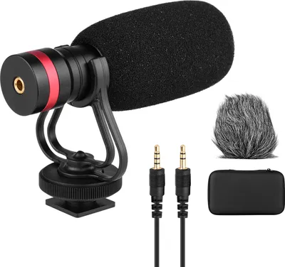 Zdjęcie produktu dla Kardioidalny mikrofon pojemnościowy z uchwytem antywstrząsowym Kabel wyjściowy audio 3,5 mm TRS i TRRS Gąbkowa osłona przeciwwietrzna Futerkowa osłona przeciwwietrzna do smartfonów Aparaty fotograficzne Kamery Rejestratory dźwięku Komputery PC
