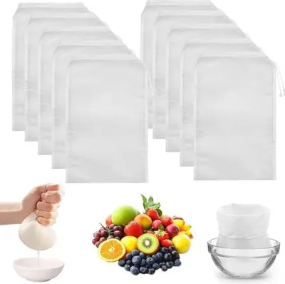 Produktbild von 10 Stück Nussdrinkbeutel, Passiertuch 20 * 30cm Wiederverwendbar Nylon Filterbeutel Nussdrinkbeutel Waschbar mit Kordelzug für Fruchtsaft Gemüsesaft Nussdrink Käse Kaffee Joghurt