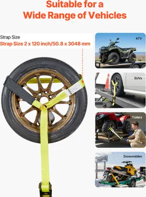 Produktbild von SucceBuy Radspanngurt Befestigungsgurt (50,8 x 3048 mm) mit flachem Haken, 4540 kg Bruchlast und 1512 kg Belastbarkeit, Motorrad-Radsicherungsgurt für SUVs und Anhänger, Gelb
