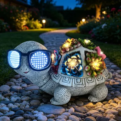 Image de Figurines de tortues solaires pour l'extérieur, décorations de jardin avec plantes grasses et éclairage LED