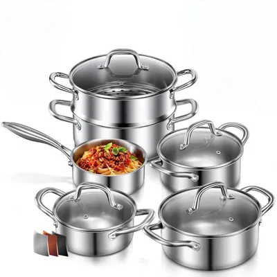 Immagine prodotto di Set di 10 pentole e padelle in acciaio inossidabile 304, con inserto per la cottura a vapore e coperchi in vetro, adatto per piani cottura a induzione, colore argento