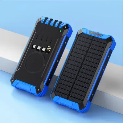 Two solar power banks are displayed on a light blue and white background.