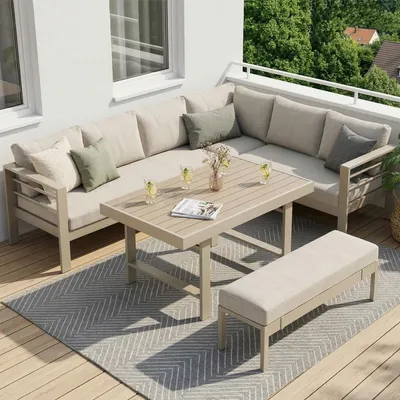 Produktbild von MeXo Gartenmöbel Set Aluminium 5-tlg. Gartenlounge Set für 6-8 Personen mit Ecksofa, Gartenbank und Esstisch, 12 cm Sitzkissen, wetterfest, Beige