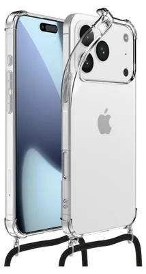 A transparent phone case with a lanyard attached to an iPhone.