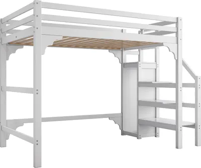 Produktbild von Hochbett mit Lattenrost,kinderbett(140*200cm,Weiß)mit Stufentreppe, mit Kleiderschrank, Jugendbett, Stauraum.