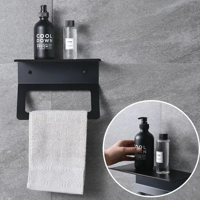 Image de Porte-serviettes mural avec étagère, finition noire mate – acier inoxydable brossé, idéal pour la salle de bain et la cuisine