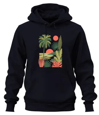Obrázek produktu pro Tropická palma, pláž, západ slunce, džungle, boho styl, letní mikina s kapucí, tmavě modrá, velikost L
