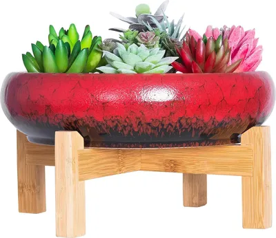 Zdjęcie produktu dla Duża płaska doniczka na sukulenty - Czerwony ceramiczny pojemnik na rośliny z kratką drenażową - Doniczka do wnętrz i na zewnątrz