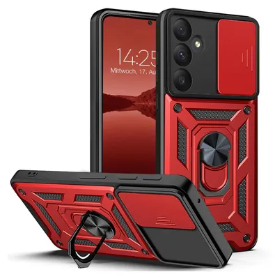 A red and black phone case with a sliding camera cover and a ring stand, displayed from multiple angles.