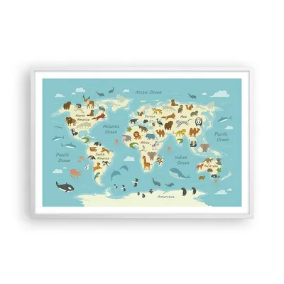 Produktbild von Gerahmtes Poster - Weißer Rahmen - Tiere die Welt Karte - 91,5x61 cm - Wand Bild - Wanddeko - Wandbilder - Kunstposter - Wandposter - Bilderrahmen - Bilder - Kunstdruck - P2WAA91x61-4860
