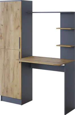 A modern desk with a tall cabinet and shelves, presented against a white background.