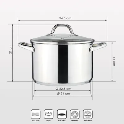 Produktbild von Innuo Kochtopf, Edelstahl 18/8, 6-8 Liter, wärmeisolierte Griffe, spülmaschinen- & backofenfest, für alle Herdarten inkl. Induktion, mit Glasdeckel, hochglanzpoliert