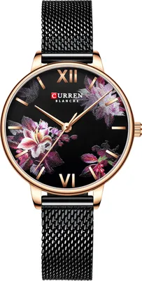 A close-up studio shot of a women's wristwatch with a floral pattern on the dial.