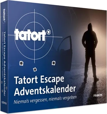 The image shows the front and side of a product box, likely an advent calendar, with a dark, atmospheric scene depicting a hooded figure and a car with bullet holes.