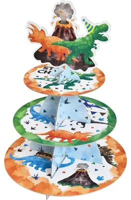 Produktbild von 3-stöckiger Karton Tortenständer mit Dinosaurier-Motiv, 42 cm Höhe