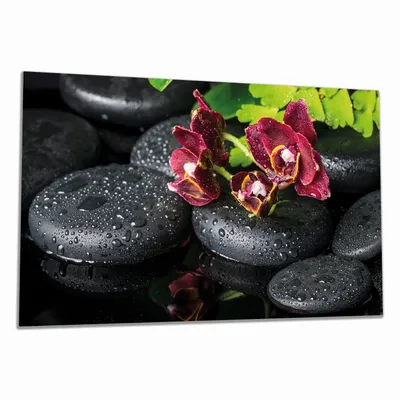 Produktbild von Wallario Herdabdeckplatte aus Glas, Größe 90 x 52 cm 1-teilig, Motiv Dunkelrote Orchideen-Blüte auf schwarzen Steinen mit Regentropfen