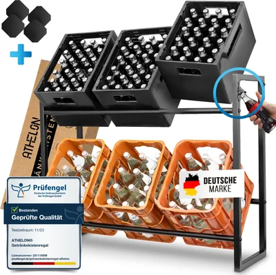Produktbild von ATHELON® Getränkekistenregal für 6 Kisten - Platzsparendes Getränkeregal inkl. Flaschenöffner & Bodenschutz - Verbessertes Kistenregal [2024] - Getränkekistenhalter aus Metall