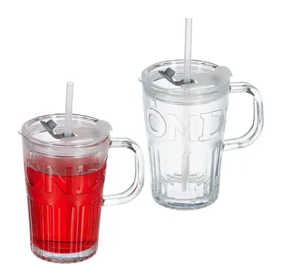 Image de Lot de 2 verres Relaxdays, gobelets avec couvercle et paille, gobelets à limonade 450 ml, gobelets en verre avec anse, transparents