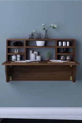 Image de Table pliante murale Dekornik « Kardelen » avec compartiments de rangement, 90 x 50 cm, couleur Okkernoot