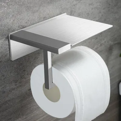 Immagine prodotto di Portarotolo da bagno Unyqoos® senza foratura – supporto autoadesivo con ripiano, in acciaio inossidabile 304, per rotolo di carta, telefono e salviette umidificate
