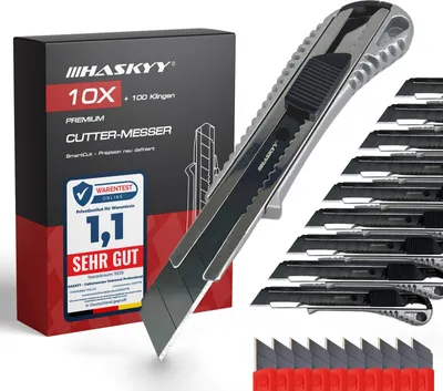 Produktbild von HASKYY Cuttermesser Teppichmesser 10x Cutter mit 100x Klingen SK5 18 mm