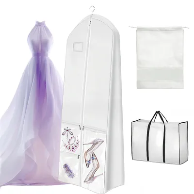 Produktbild von Kleidersack für Brautkleider, 180 cm lang, weiß mit Reißverschluss, Kleidersack aus Vliesstoff mit Tragetasche und Schuhbeutel, weißer Kleidersack für Abendkleider und Mäntel.