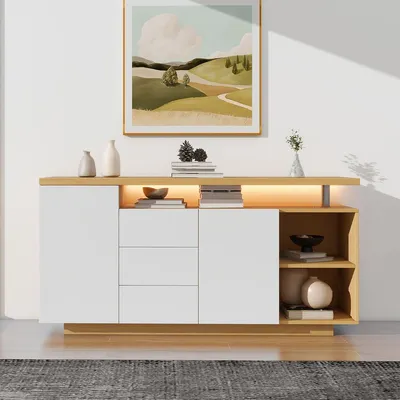 Produktbild von Sideboard mit LED-Beleuchtung 2 Türen 3 Schubladen und 2 offene Fächer Aufbewahrungsschrank 140cm Weiß und Holz