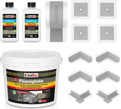 Produktbild von Isolbau Dicht-Set - Inkl. 1x Flüssigfolie (12 kg), 2x Grundierlösung (je 1 L), 1x Dichtband (20 m), 4x Innenecken, 2x Außenecken & 2x Manschetten